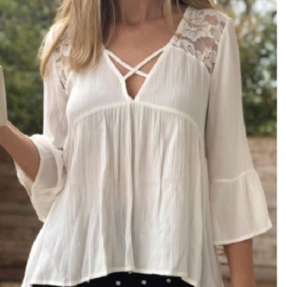 SALE !! NEW WhiteTop Lace Back Bell Sleeve S M L - Picture 2 of 8